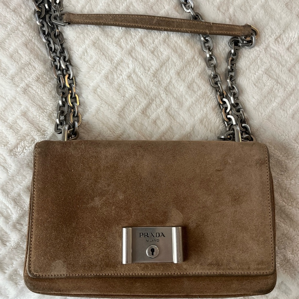 Prada Tan Suede Crossbody Bag with Silver Chain